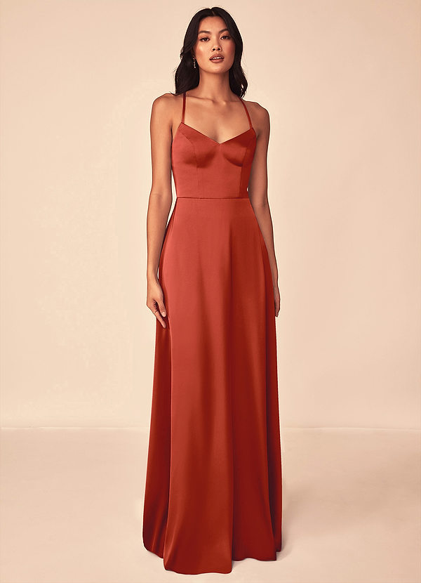 Azazie Mei Bridesmaid Dresses Rust A-Line V-Neck Stretch Satin Dress image1