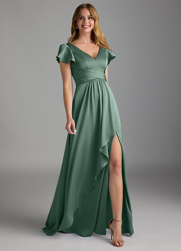 Azazie Omari Bruidsmeisjes Jurken Jurk van Stretch Satijn met A-Lijn Eucalyptus image1