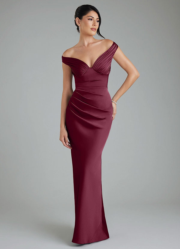 Azazie Stella Bridesmaid Dresses Mulberry Sheath Corset Stretch Satin Convertible Dress image1