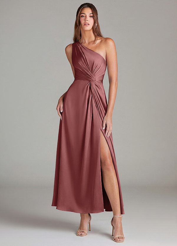 Azazie Brooke Robes Demoiselle d'honneur Robe Trapèze en Satin extensible Une épaule Améthyste image1