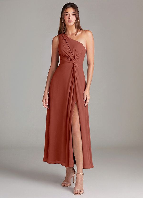 Azazie Brooke Robes de demoiselle d'honneur Robe Trapèze en Mousseline de soie Asymétrique Auburn image1
