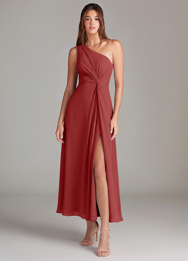 Azazie Brooke Brautjungfernkleider Eine Linie One-Shoulder Chiffon Kleid Rost image1