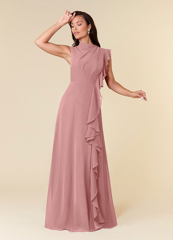 Azazie Narine Vestidos para la madre de la novia Vestido Rosa Polvorienta de Gasa de Corte en A con Cuello alto plisado image1