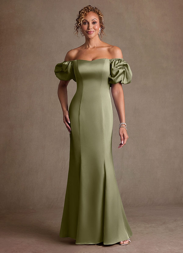 Azazie Redding Mother of the Brides Dresses Pistachio Sheath Ruched Stretch Satin Dress image1