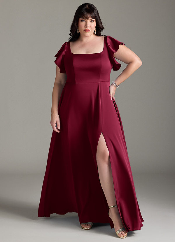 Azazie Bondi Bridesmaid Dresses Burgundy A-Line Bow Stretch Satin Dress image1