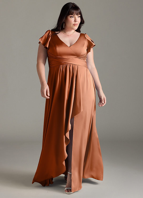 Azazie Omari Bridesmaid Dresses Copper A-Line Stretch Satin Dress image1