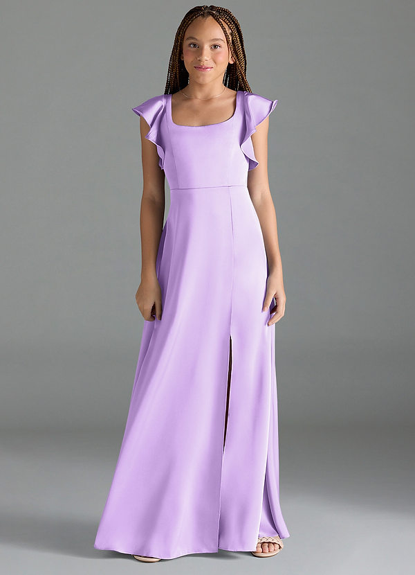 Azazie Bondi Junior Lilac A-Line Side Slit Stretch Satin Dress image1