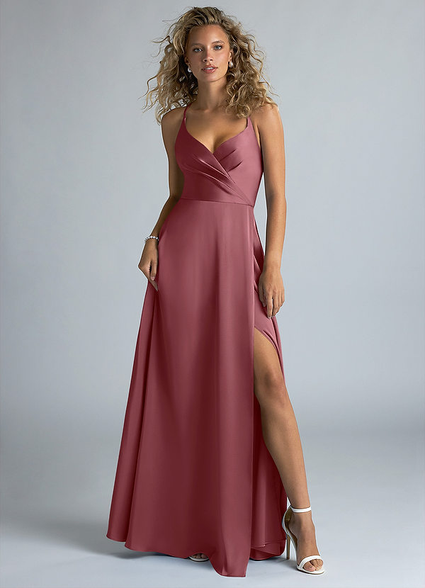 Azazie Davis Robes Demoiselle d'honneur Robe Trapèze en Satin extensible Plissée Rose Du Désert image1