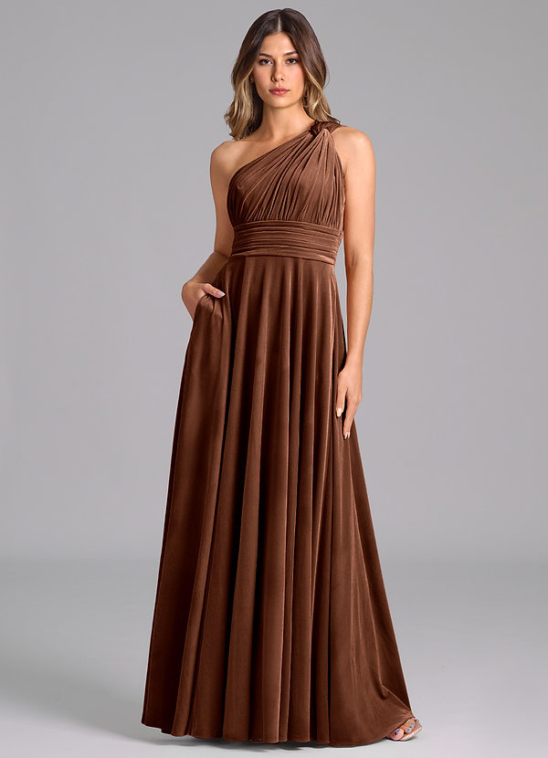 Azazie Charlize Bridesmaid Dresses Umber A-Line One Shoulder Velvet Dress image1