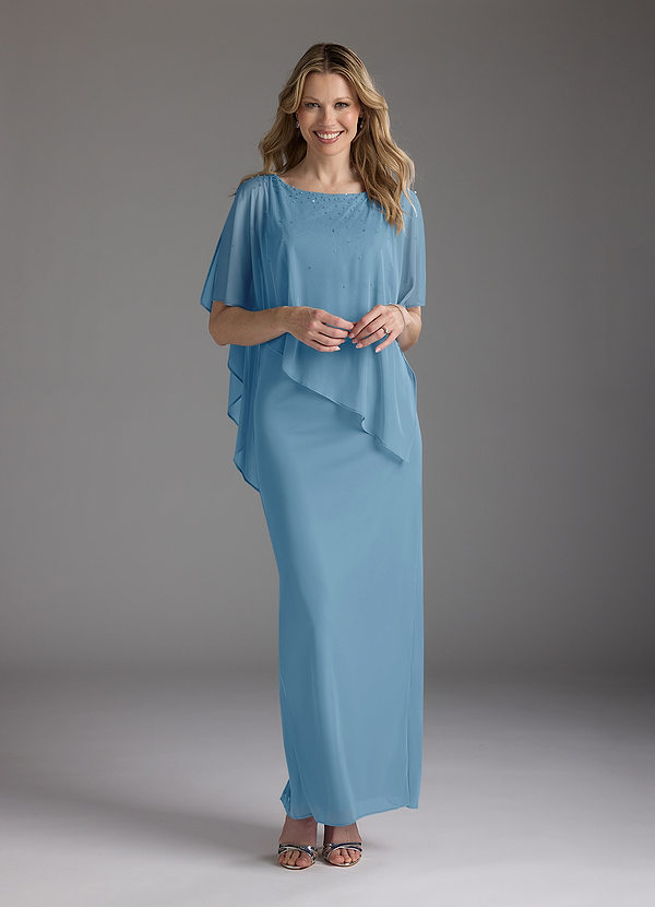 Azazie Aspyn Mother of the Brides Dresses Steel Blue Sheath Beaded Mesh Dress image1