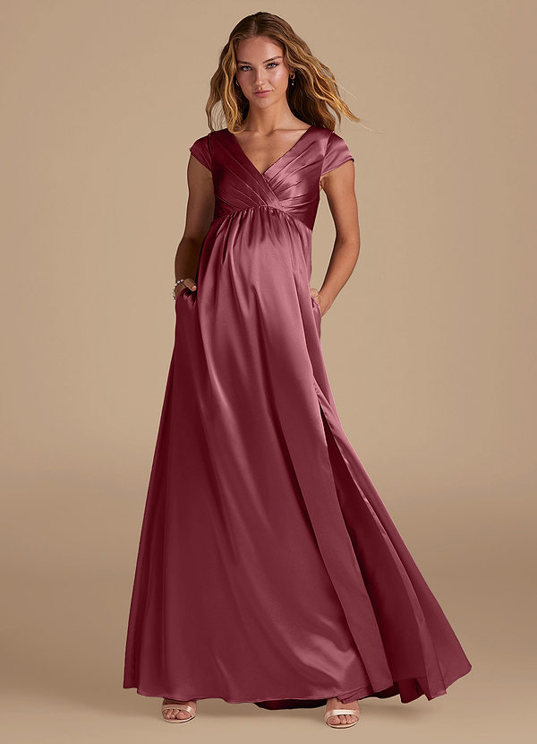 Azazie Allessia Maternity Bridesmaid Dresses A-Line Metallic Satin Floor-Length Dress image1