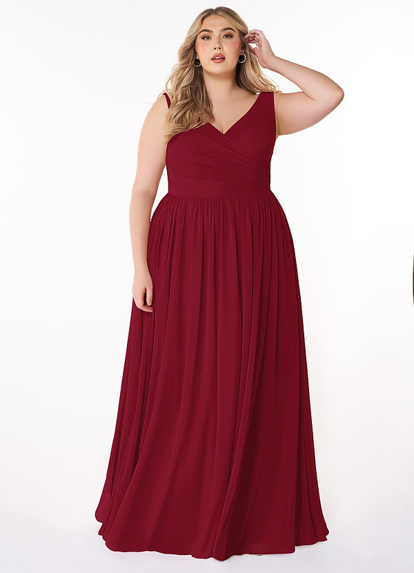 Azazie Keyla Bridesmaid Dresses Burgundy A-Line V-Neck Pleated Chiffon Dress image1