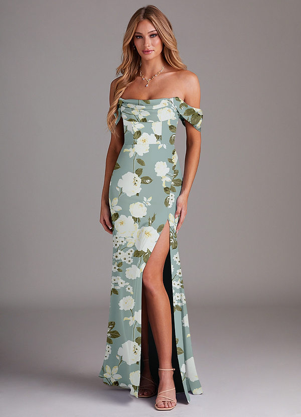 Azazie Saige Bridesmaid Dresses Misty Floral Garden Sheath Off the Shoulder Stretch Satin Dress image1