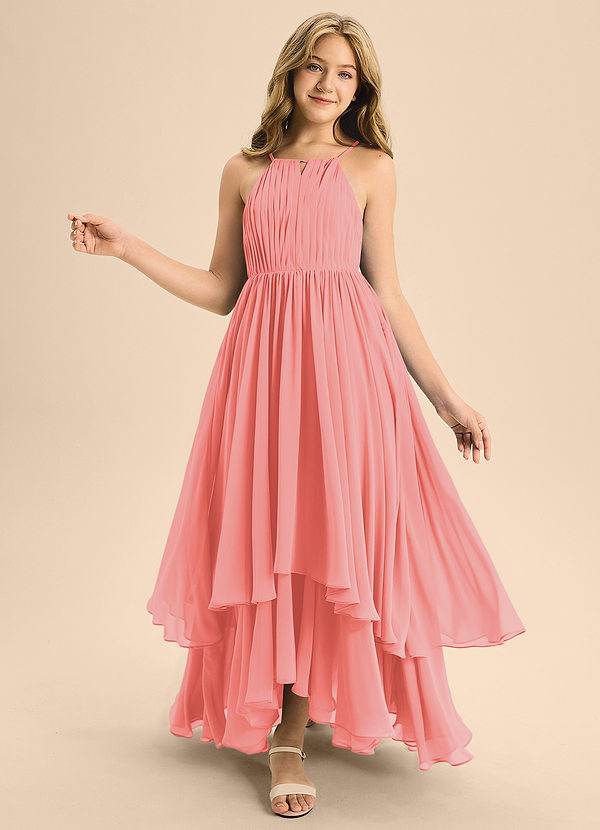 Azazie Elliora Junior Coral A-Line Pleated Chiffon Dress image1