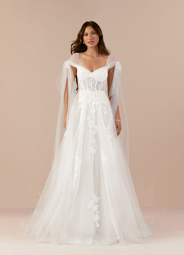 Azazie Ziza Wedding Dresses A-Line Lace Tulle Chapel Train Dress image1