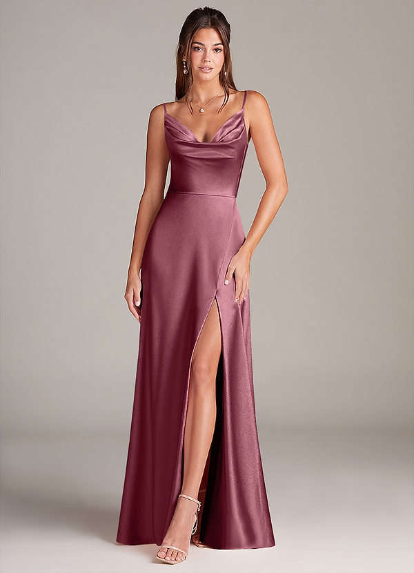 Azazie Sarella Bridesmaid Dresses Desert Rose A-Line with Pockets Metallic Satin Dress image1