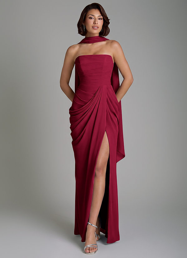 Azazie Nyra Robes de demoiselle d'honneur Robe Fourreau en Mousseline de soie Corset Bourgogne image1