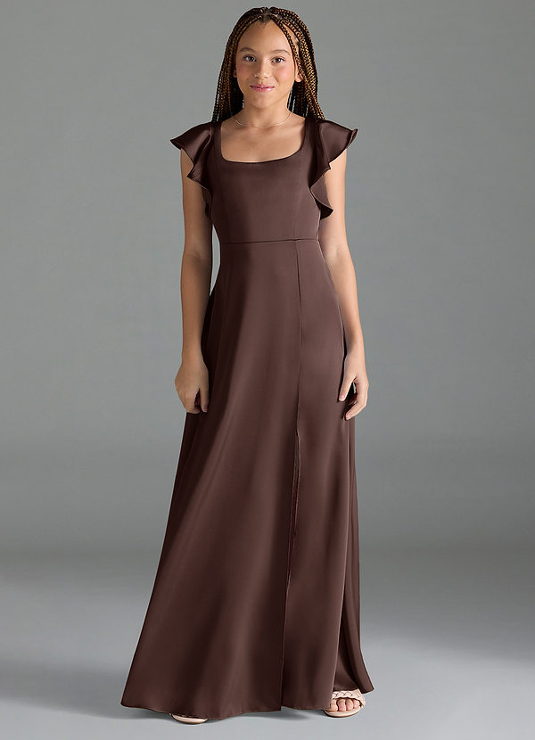 Azazie Bondi Junior Ganache A-Line Side Slit Stretch Satin Dress image1