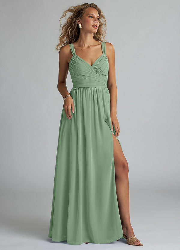 Azazie Aziza Brautjungfernkleider A-Linie V-Hals Gefaltet Chiffon Kleid Matcha image1