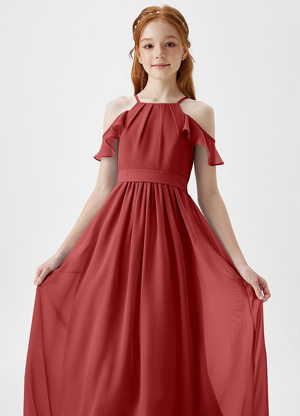 Azazie Chaya Junior Rust A-Line Off the Shoulder Chiffon Dress image1