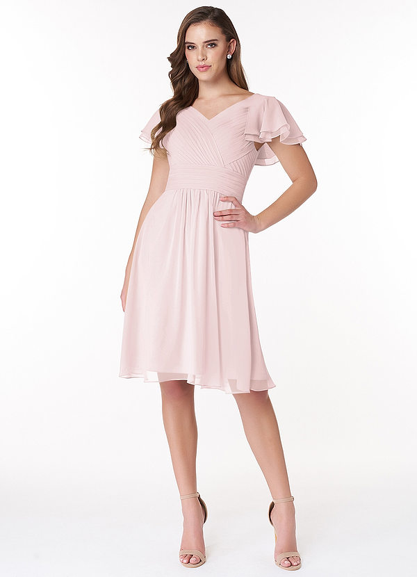 Azazie Hadley Modest Bridesmaid Dresses A-Line Pleated Chiffon Knee-Length Dress image1
