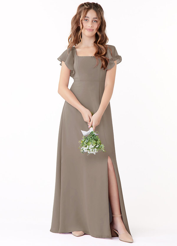 Azazie Bondi Junior Taupe A-Line Bow Chiffon Dress image1