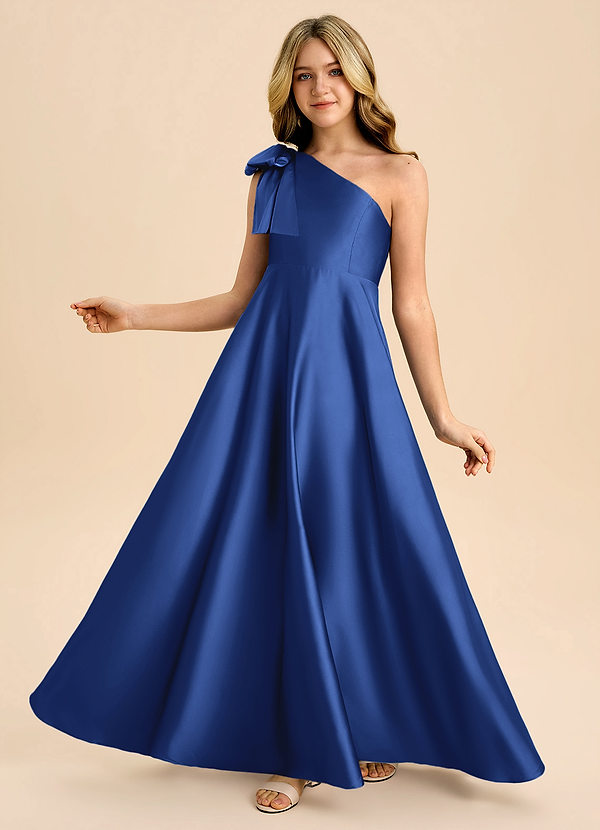 Azazie Penguin Junior Abito A-Line in Raso Elasticizzato Fiocco Blu Reale image1