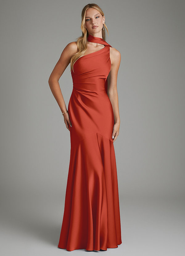 Amara Bridesmaid Dresses Rust Mermaid One Shoulder Stretch Satin Dress image1