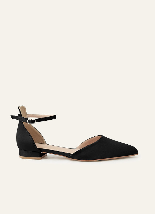 front Matching Color Matte Satin Pointed Toe Ankle Strap Block Flat Pumps