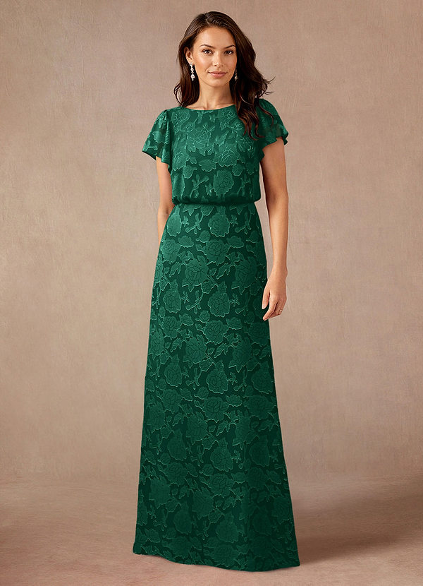 Azazie Lehi Mother of the Brides Dresses Emerald A-Line Boatneck Floral Burnout Dress image1