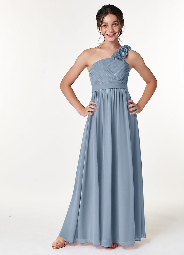 Azazie Flower Junior Jurk van Chiffon met A-Lijn Geplooid Stoffig Blauw image1