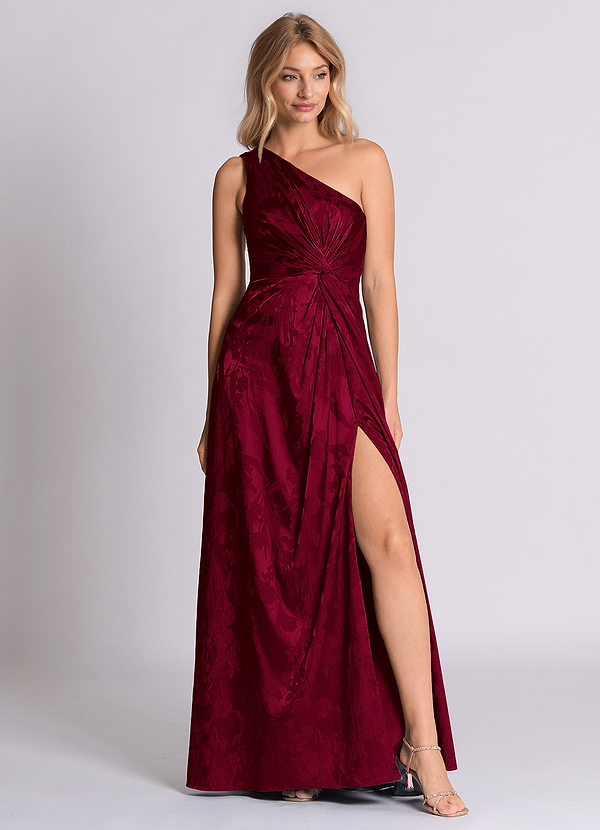 Azazie Brooke 신부 들러리 드레스 A라인 한쪽 어깨 자카드 바닥 길이 드레스 image1