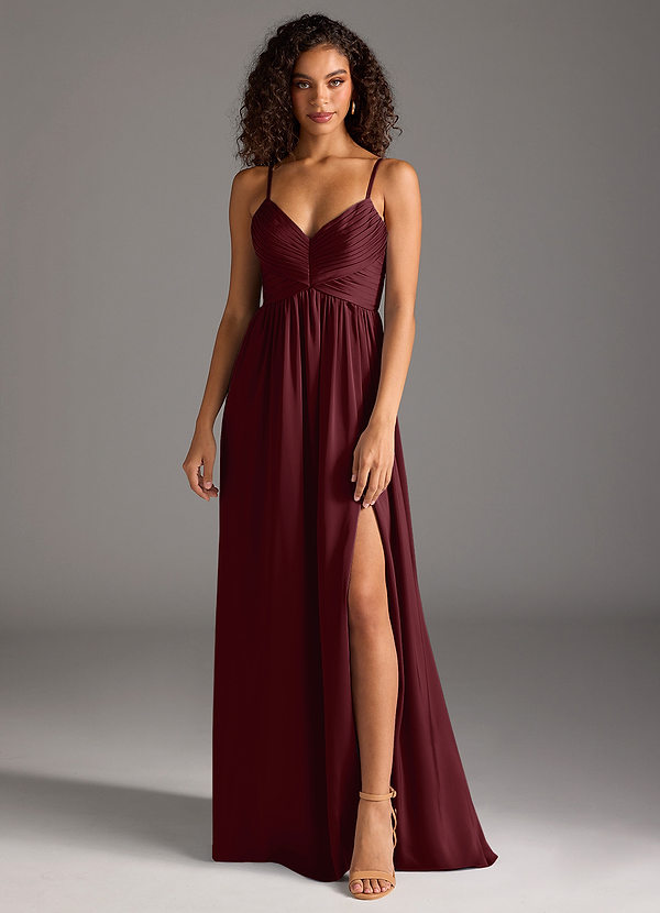 Azazie Alia Bridesmaid Dresses Cabernet A-Line Pleated Stretch Satin Dress image1