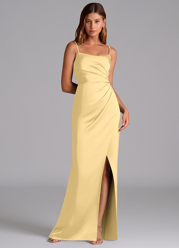Azazie Calandra Robes Demoiselle d'honneur Robe Trapèze en Satin extensible Plissée Beurre image1