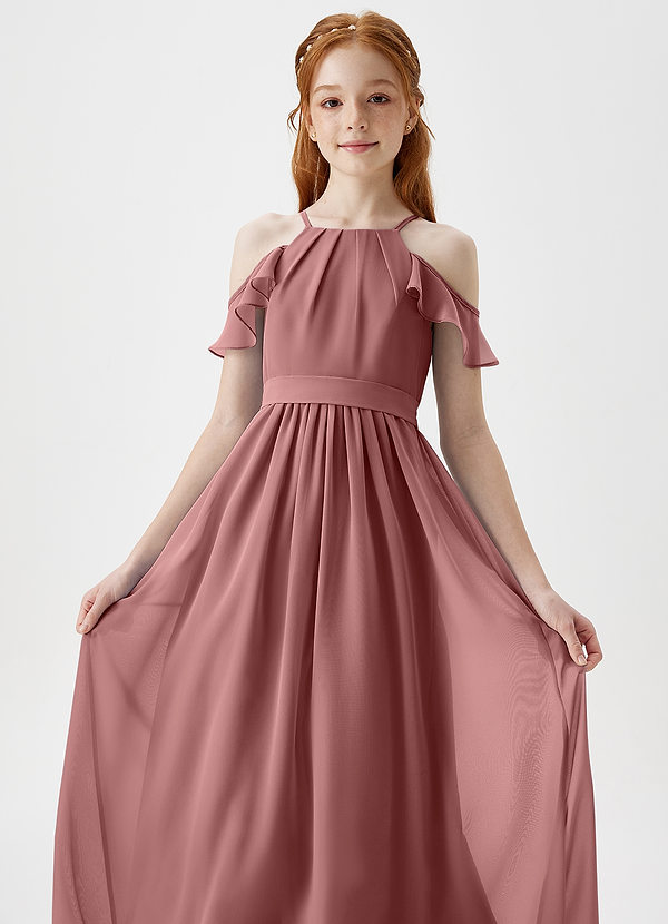 Azazie Chaya Junior Robe Trapèze en Mousseline de soie Épaule décolletée Rose Du Désert image1