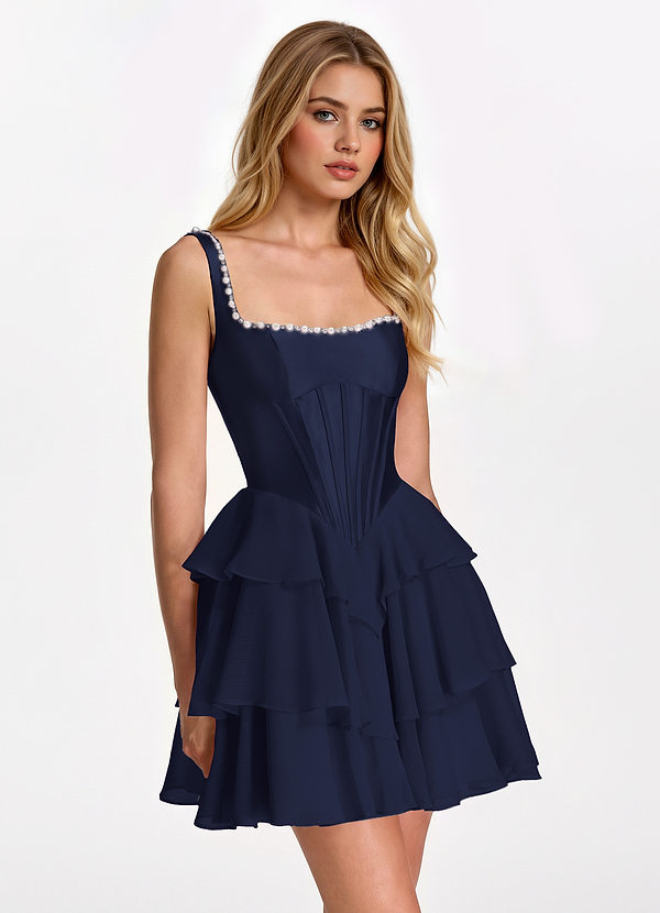 Vivianetta Marine Robe courte trapèze à perles, corset et volants image1