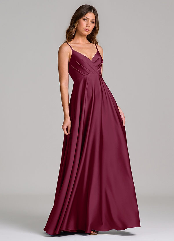 Azazie Amani Bridesmaid Dresses Mulberry A-Line Pleated Stretch Satin Dress image1