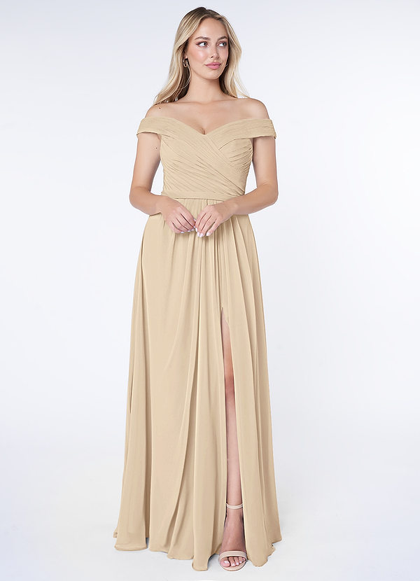 Azazie Audrianna Bridesmaid Dresses Champagne A-Line Off-The-Shoulder Gathered Chiffon Convertible Dress image1