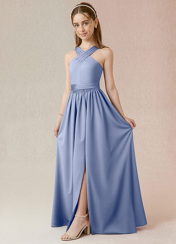 Azazie Jiya Junior Ice A-Line Pleated Stretch Satin Dress image1