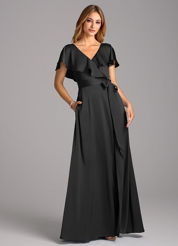 Azazie Lainey Bridesmaid Dresses Black A-Line with Pockets Stretch Satin Dress image1