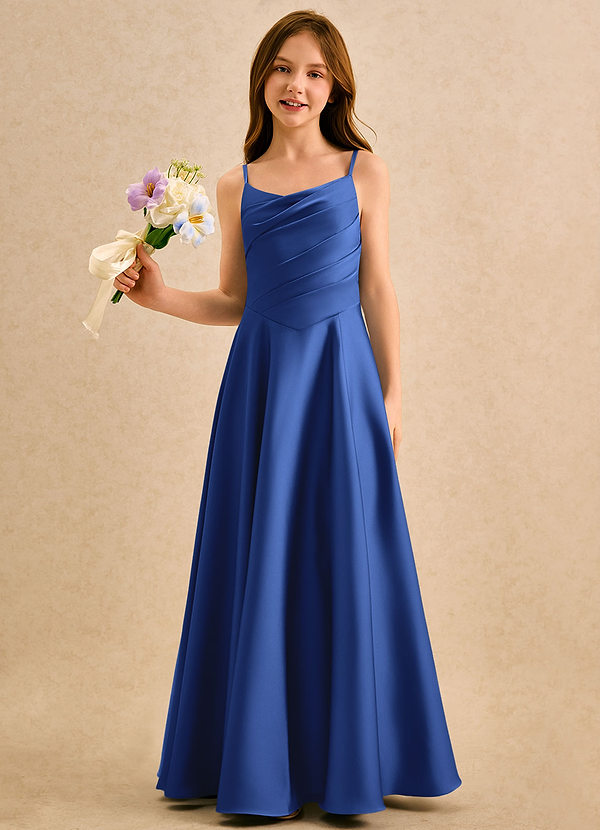 Azazie Coconut Girls Formal Flower Girl Dresses Royal Blue A-Line Pleated Stretch Satin Dress image1
