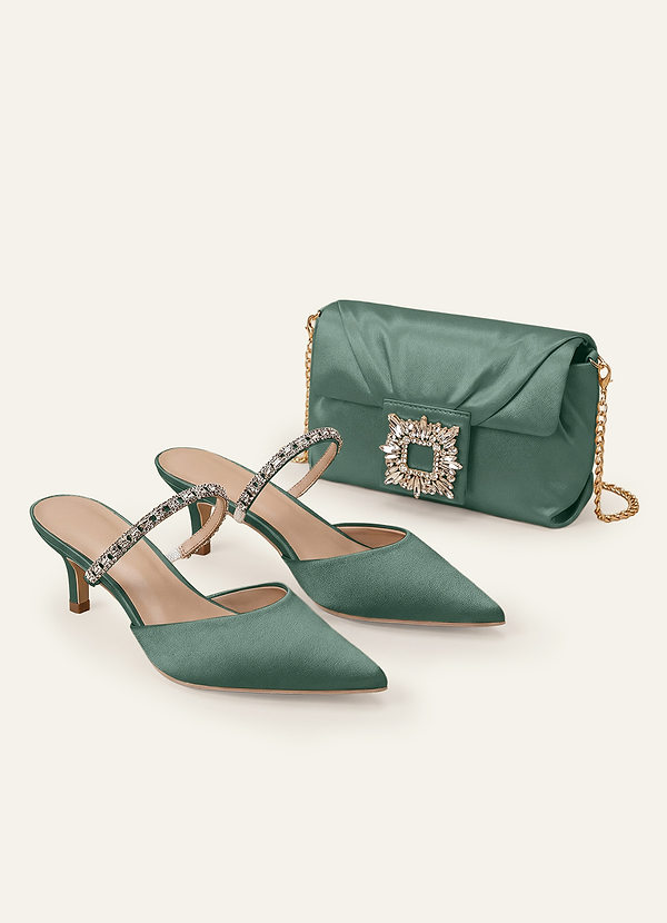 front Matching Color Stretch Satin Rhinestone Slip-on Kitten Heels & Clutch Set