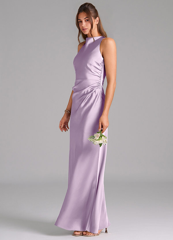 Azazie Evadne Bridesmaid Dresses Frosted Lilac Sheath Pleated Stretch Satin Dress image1
