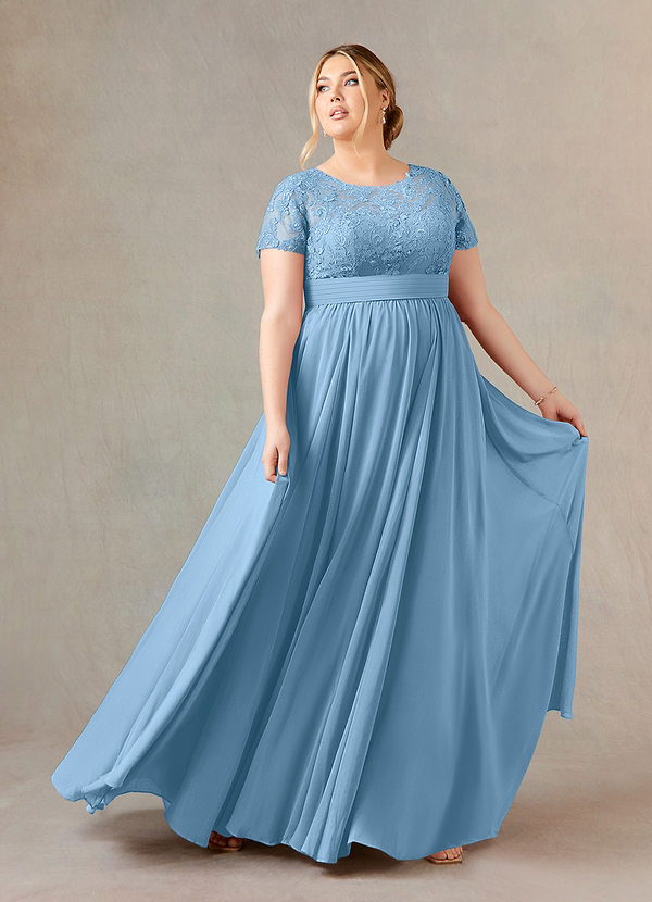 Azazie Annette Robe Mère de la Mariée & du Marié Robe Trapèze en Mousseline de soie Dentelle Acier Bleuté image1