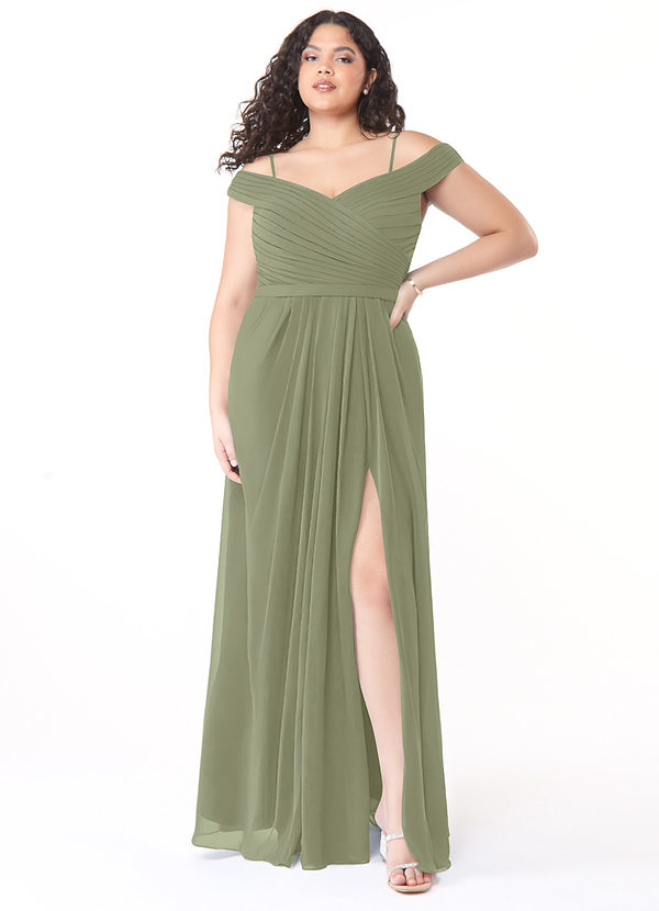 Azazie Audrianna Brautjungfernkleider Wandelbar A-Linie Schulterfrei gerafft Chiffon Kleid Pistazie image1