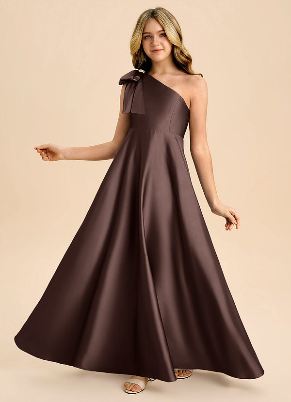 Azazie Penguin Junior Ganache A-Line Bow Stretch Satin Dress image1