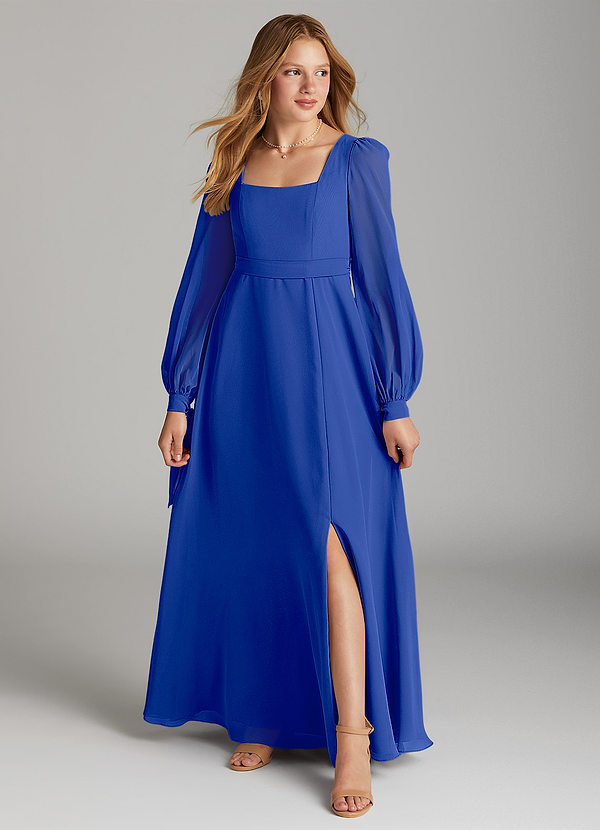 Azazie Leonia Junior Vestido de Azul Real de Gasa de Corte en A con Con bolsillos image1