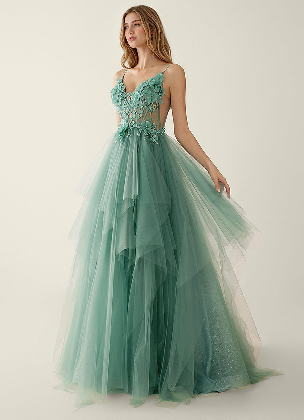 Danica Silver Sage Tulle V-neck Flower Sequin Embroidery Prom Dress image1