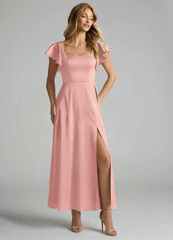 Azazie Bondi 신부 들러리 드레스 A라인 셔링 스트레치 새틴 발목 길이 드레스 image1