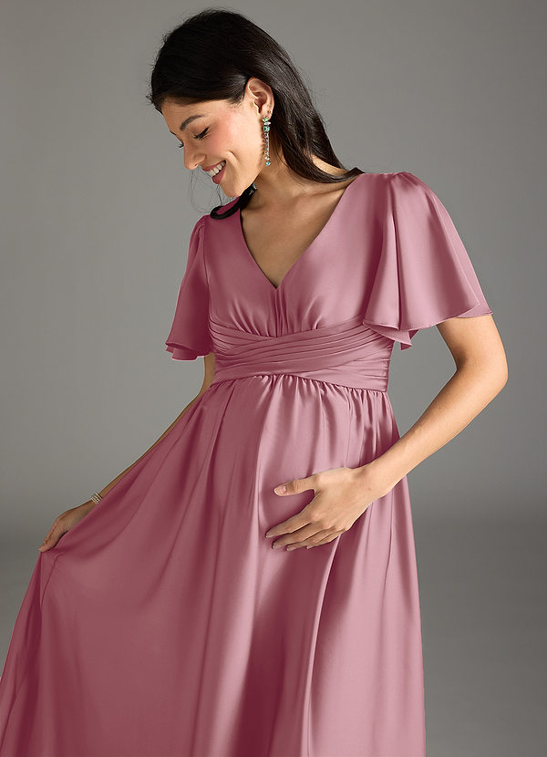 Azazie Verna Maternity Bridesmaid Dresses A-Line Ruched Stretch Satin Floor-Length Dress image1